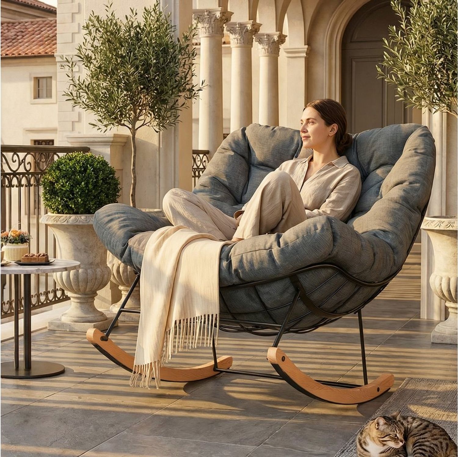 FLEXISPOT Schaukelsessel Komfortabler Loungesessel, Gartenliege mit Kopfkissen (mit sanfter Schaukelfunktion, Kopfkissen & stabilem Metallrahmen), ideal für Balkon, Terrasse, Garten & Wohnzimmer Bild 1