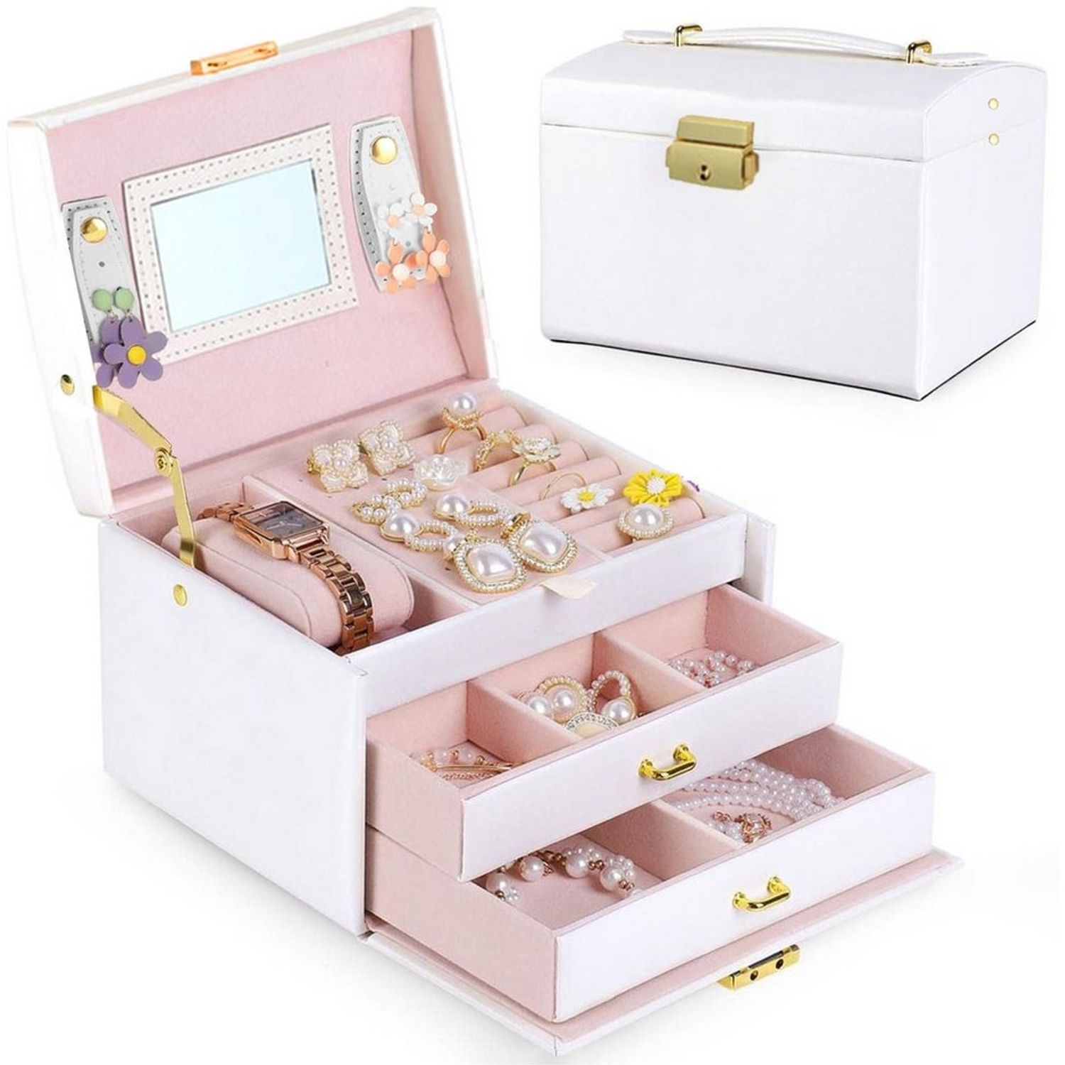 Mutig Schmuckkasten Schmuckkästchen mit 3 Schichten,Schmuckschatulle PU Leder mit Spiegel (Schmuckbox mit Spiegel und Schubladen, Innenfutter aus Samt,weiß, Schmuckbox für Ringe, Ohrringe, Armbänder, Halsketten,Platzsparend), Perfektes Geschenk für Fra... Bild 1
