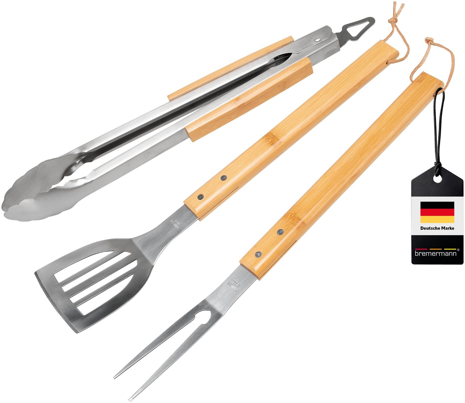 Grillbesteck 3er Set / Edelstahl mit Bambusgriffen / Zange Wender Fleischgabel Bild 1