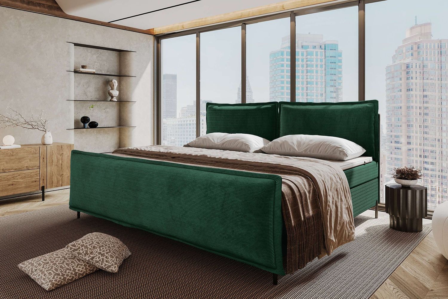 99rooms Vero Plus Familienbett Boxspringbett 260×200 cm Cordstoff POSO Dunkelgrün Bild 1