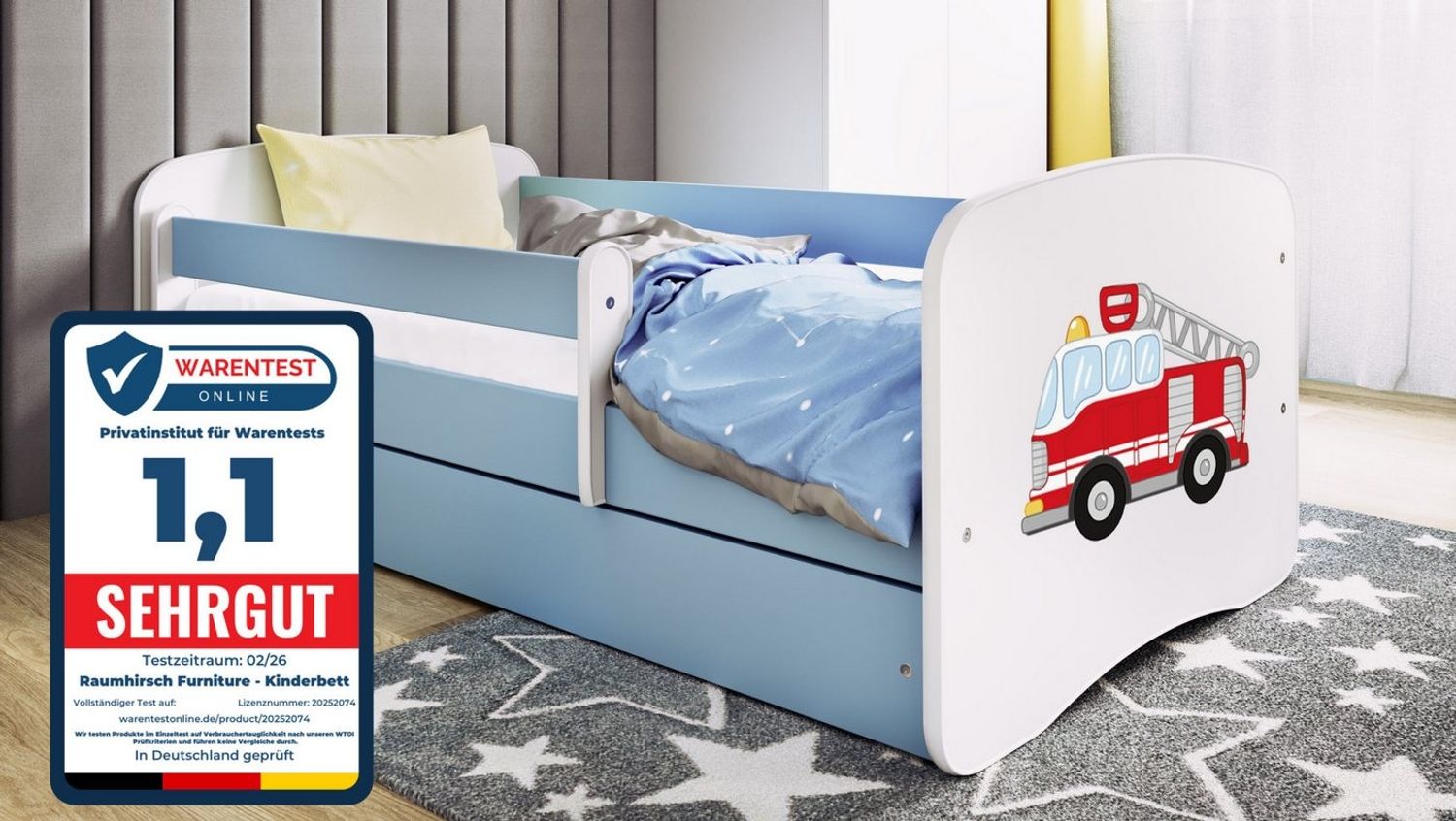 Raumhirsch Furniture Kinderbett 70x140, 80x160, 80x180 cm - Komplettset mit Matratze & Schublade (Bett für Mädchen, Einzelbett für Kinder von 2-12 Jahren, Rausfallschutz und Lattenrost), verschiedene Farben & Designs Bild 1