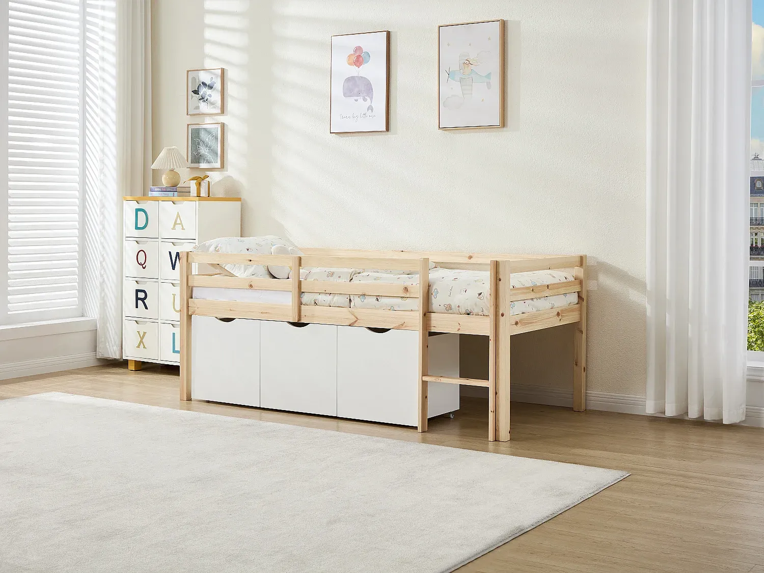 Vente-unique - LANIORI Bett Holz, Platte BeigeWeiß - B 99,5 cm x H 83 cm x L 197,5 cm Bild 1