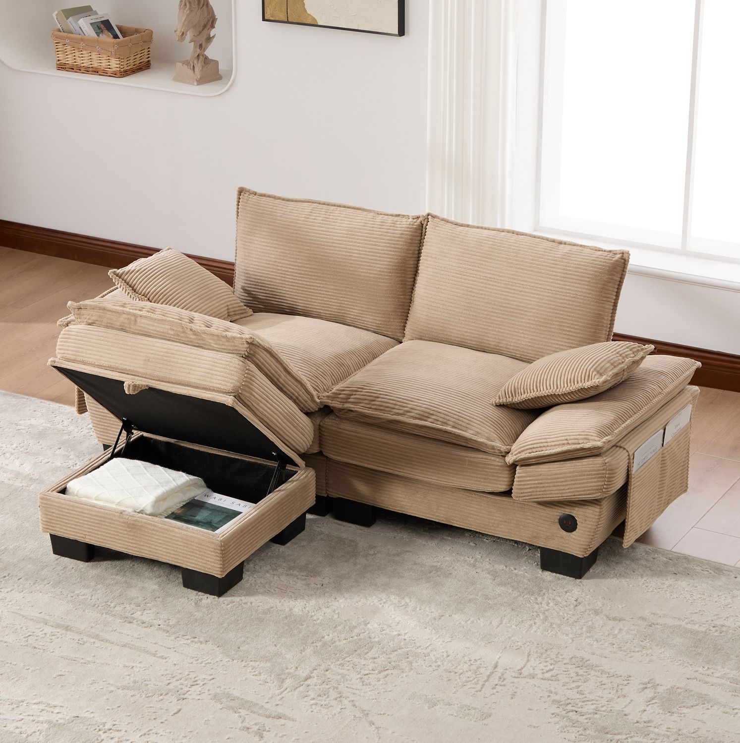 2-Sitzer Sofa aus Cord mit Hocker, USB-C-Anschluss & Seitentaschen, 190 x 132 x 84 cm, Khaki Bild 1