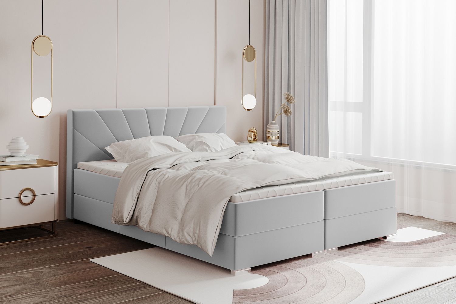 MEBLINI Boxspringbett JOHN 160x200 cm mit Bettkasten - H3P/Hellgrau Samt Polsterbett - Doppelbett mit Topper & Taschenfederkern-Matratze Bild 1