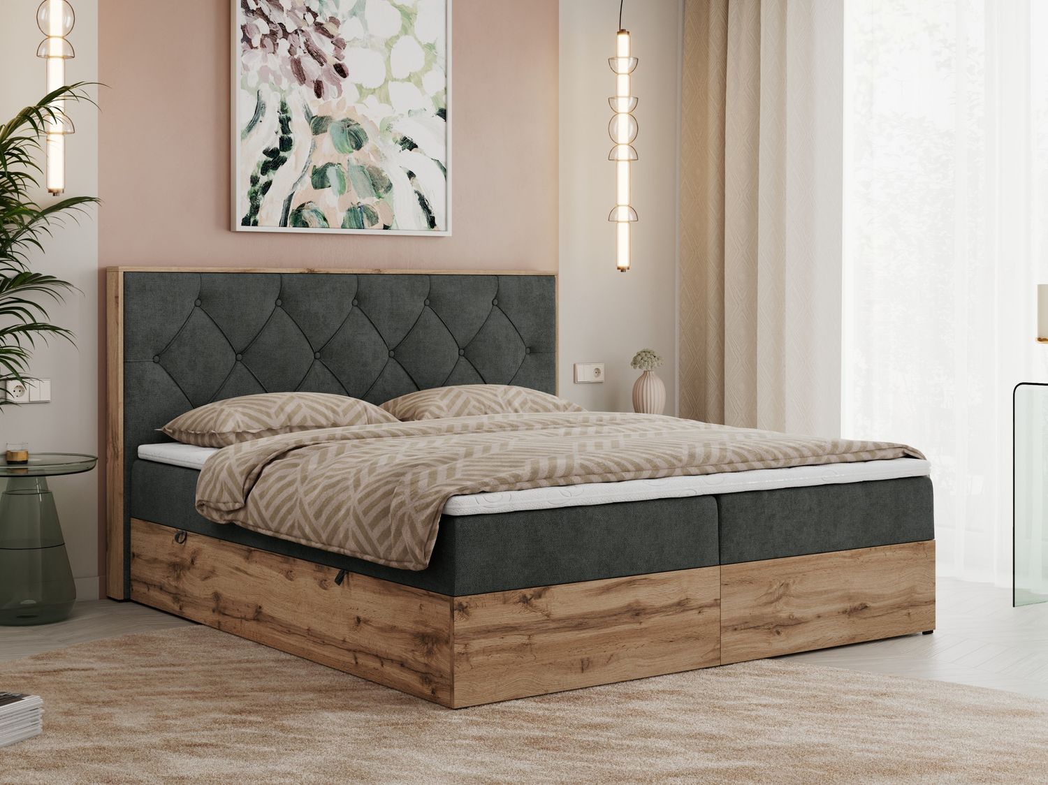 Boxspringbett, Schlafzimmerbett, Bettkasten - VENETO - 180 x 200 cm - Dunkelgrau Stoff - H3 Bild 1
