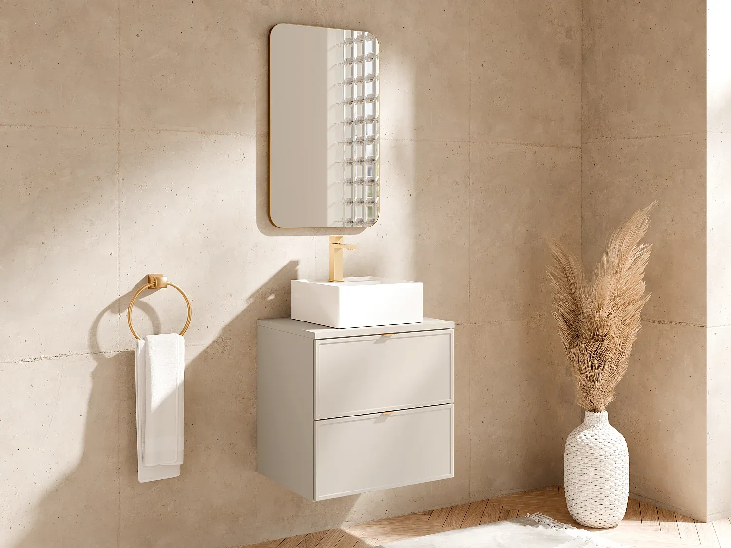 Vente-unique - ONDIL Waschbeckenmöbel Holz, Platte Beige - B 45 cm x H 60 cm x L 60 cm Bild 1