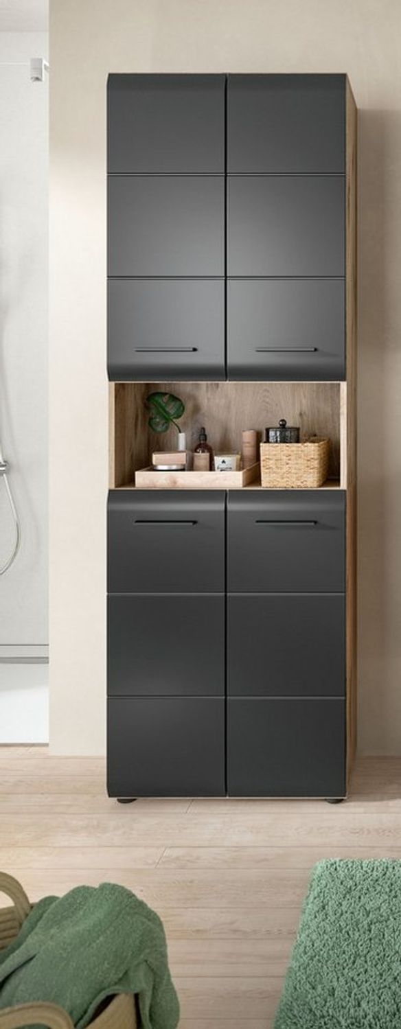 furnling Stauraumschrank Ivy - moderner Badschrank mit 4 Türen, 4 Einlegeböden, viel Stauraum offenes Fach, pflegeleichte MDF Front, Hochschrank, Nox Oak & schwarz Bild 1