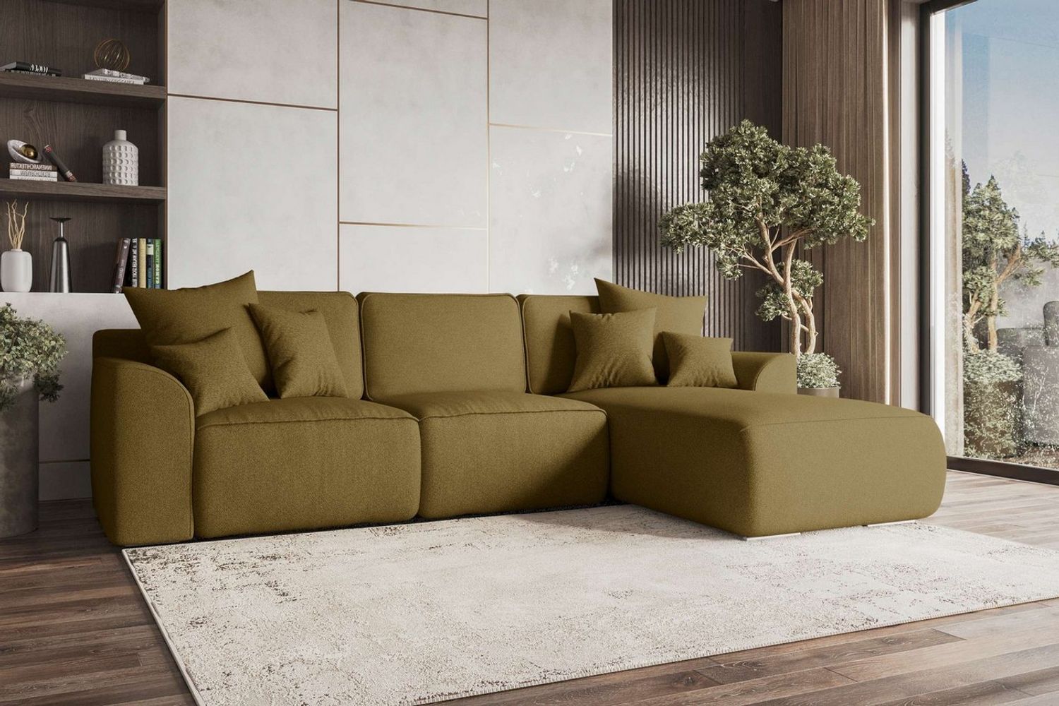 99rooms Gusto Ecksofa Strukturstoff NEVE Khaki Rechts mit Schlaffunktion Bild 1