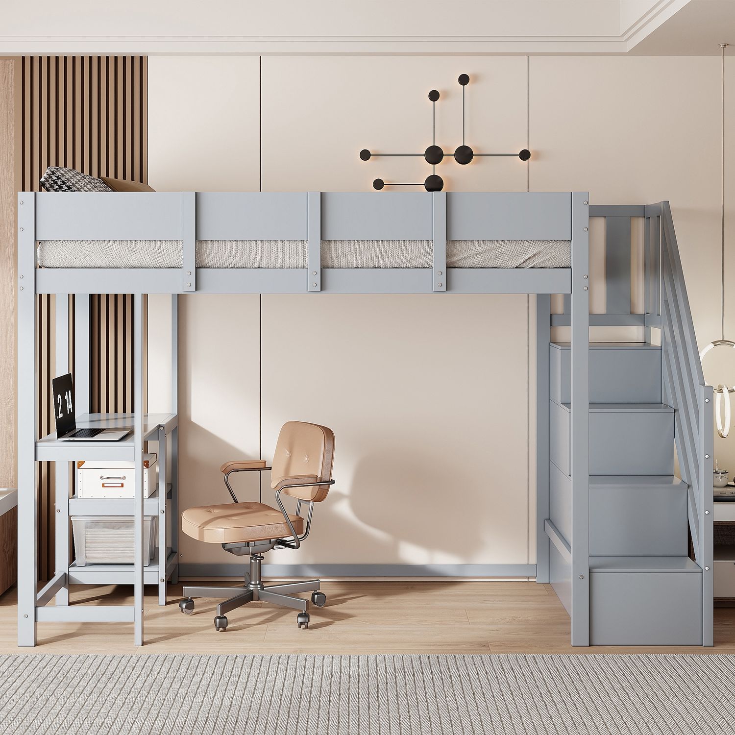 Graues Hochbett 90x200 cm Mit Stauraumtreppe Und Ablageregal Kinderhochbett Aus Massivkiefer Sicherheitsbett Mit Schutzgeländer Platzsparendes Etagenbett Jugendzimmer Stauraum Lösung Bild 1