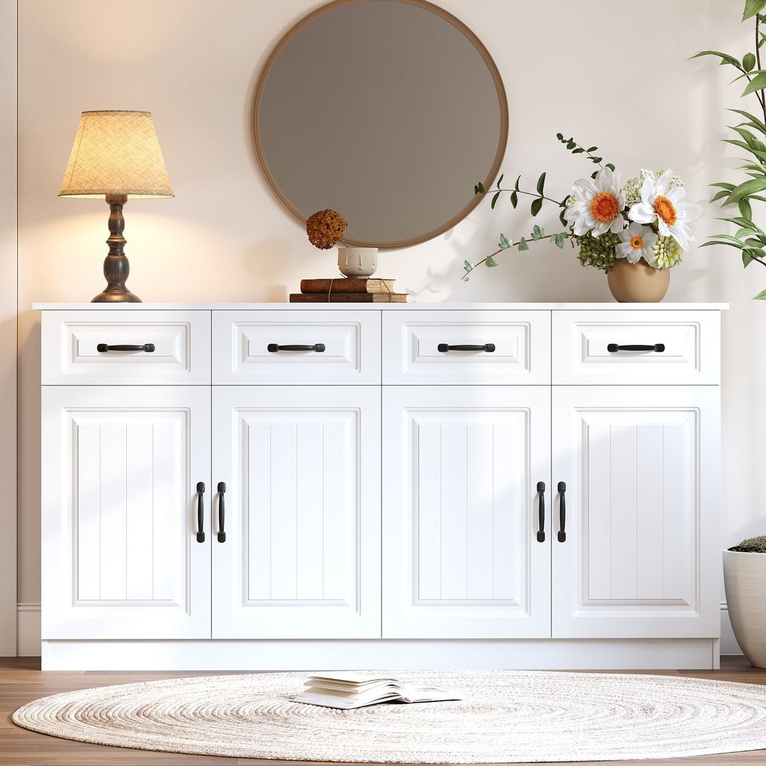 BlingBin Sideboard Kommode mit 4 Schubladen und 4 Türen, Beistellschrank - 35*80*160 cm (1er Set, 1 St, Tragfahigkeit: 60kg, Küchenschrank aus MDF mit 2 Ablageflächen), Aufbewahrungsschrank mit 8 Metallgriffen für Wohnzimmer & Küche, Weiß Bild 1