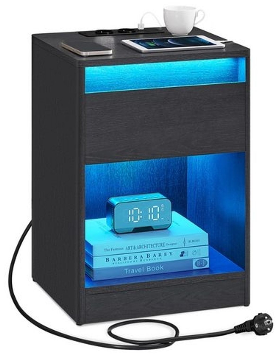 Vasagle Nachttisch mit einstellbarer LED-Beleuchtung, Beistelltisch mit Steckdosen, Schublade, 2 AC-Steckdosen, 2 USB-Anschlüsse, modern, für Schlafzimmer, Wohnzimmer, 35 x 40 x 55 cm, Schwarz Bild 1