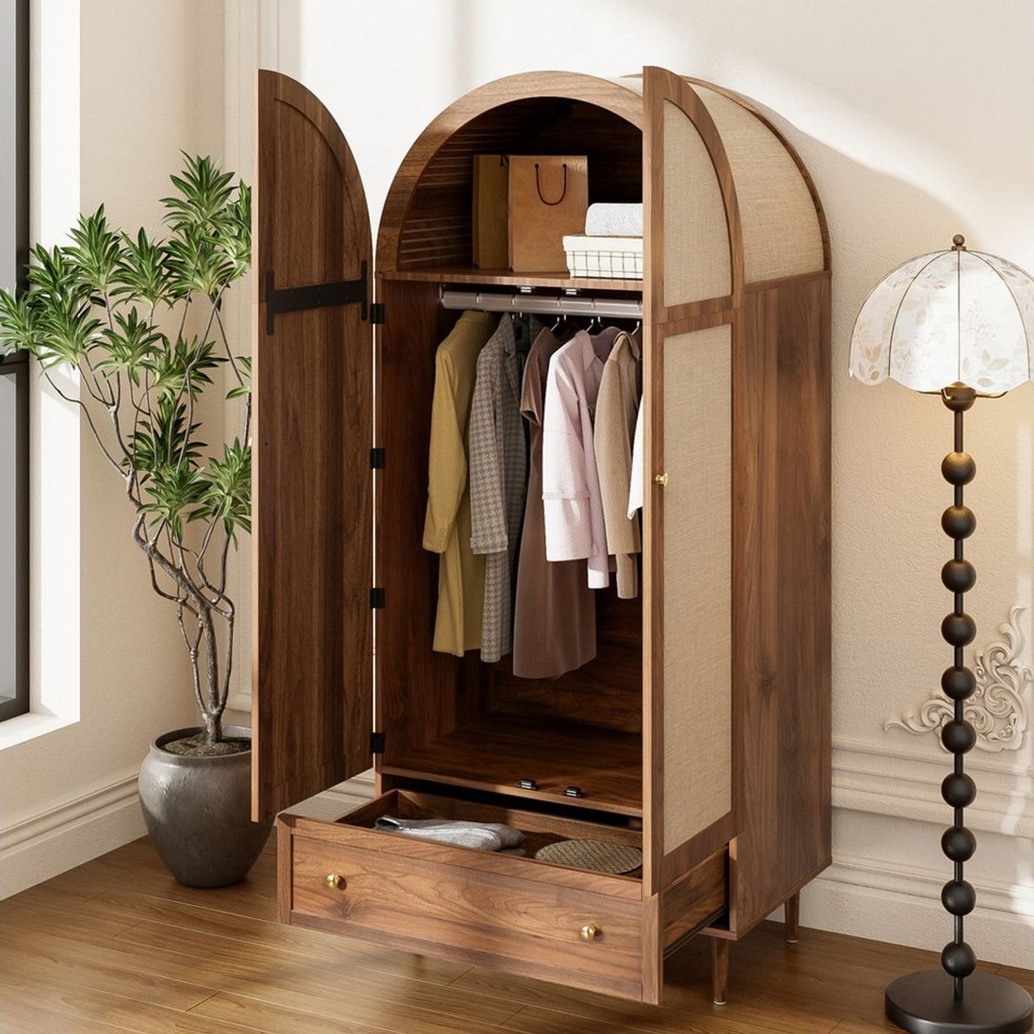 OKWISH Kleiderschrank stabile Holzfüße (Garderoben-Set, 1-St, Walnussoptik) Stofftüren, Schublade Bild 1