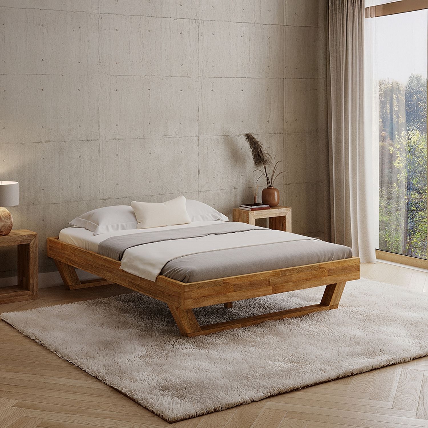 skølm 'Nornir' Bett 140x200 cm, Bettgestell, natur geölt, Massivholzbett aus Eiche mit Holzkufen, Doppelbett ohne Bettkopf Bild 1