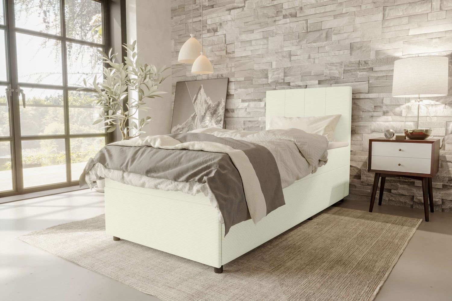99rooms Kira Mini Boxspringbett Cordstoff POSO Creme 120x200 cm Bild 1