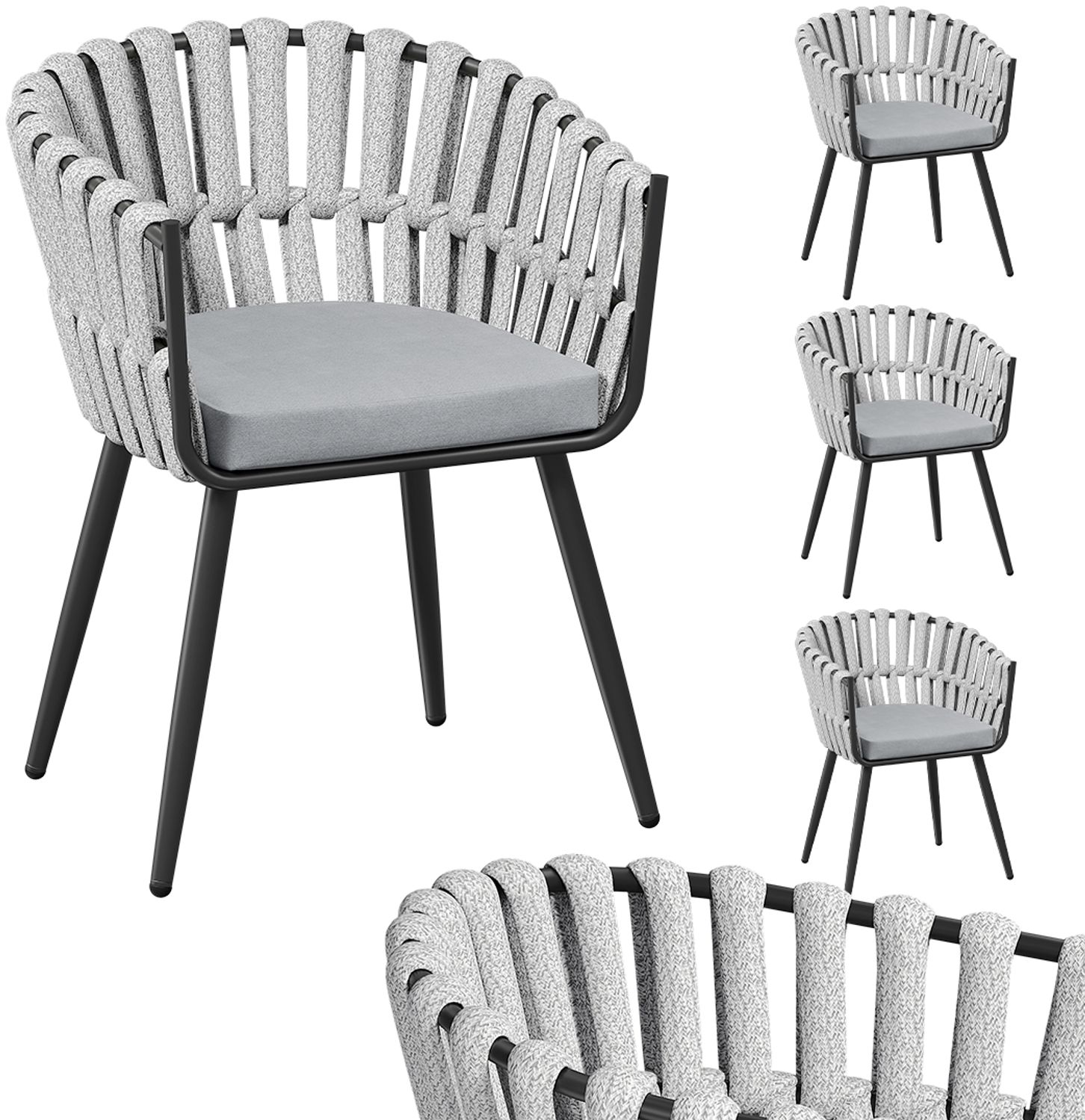 STEELSØN 'Tarian' Gartenstuhl im Rope Design, 4er-Set, hellgrau, Loungesessel bis 120 kg belastbar, inkl. Sitzkissen, wetterfest & höhenverstellbar Bild 1