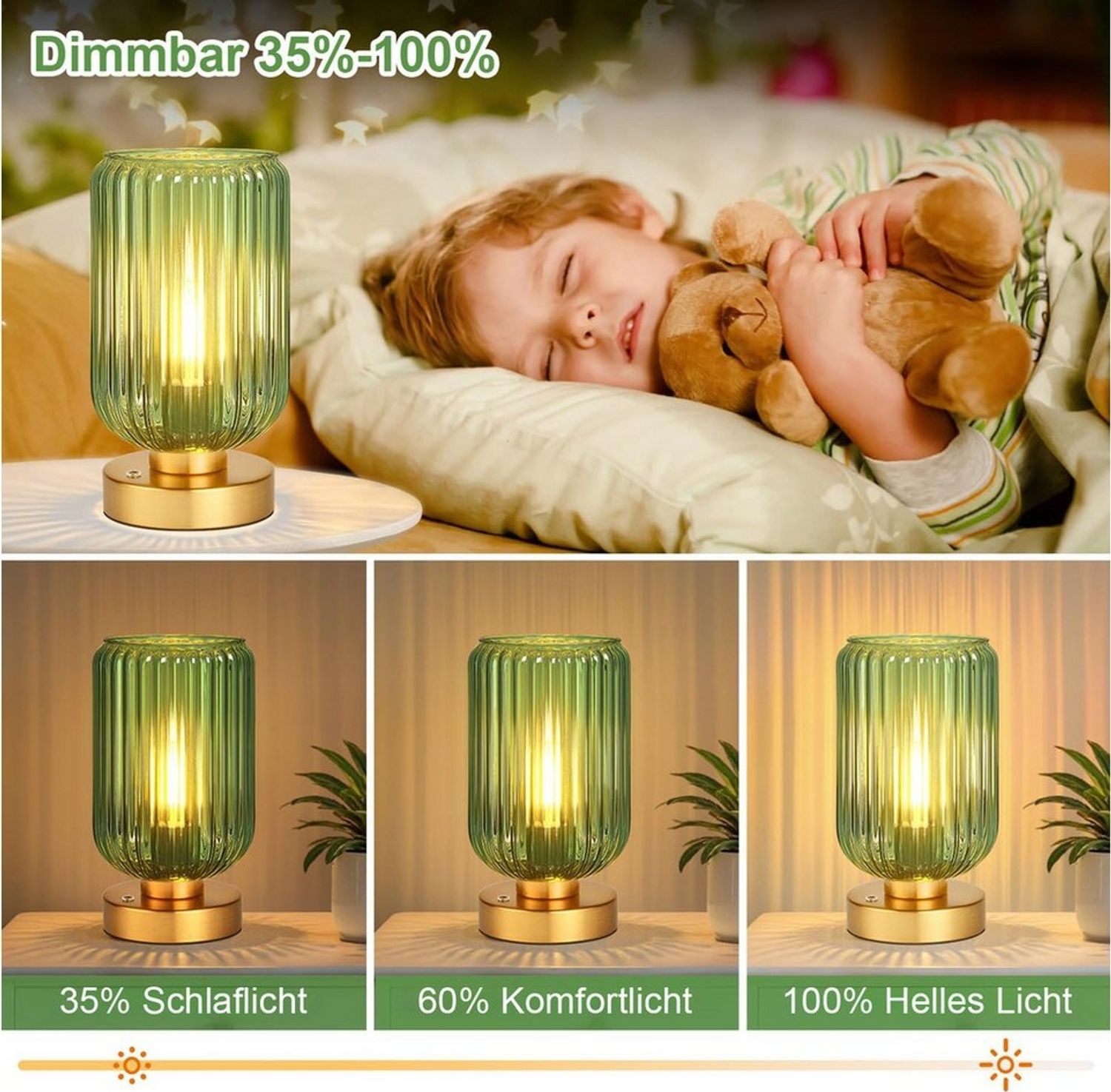 MUPOO LED Schreibtischlampe Grüne Glas Tischlampe,LED Modern Touch Tischleuchte für Schlafzimmer, LED wechselbar, Kabellos,Goldfarbene Basis Grüner Glasschirm,LED-Glühbirne inklusive Bild 1