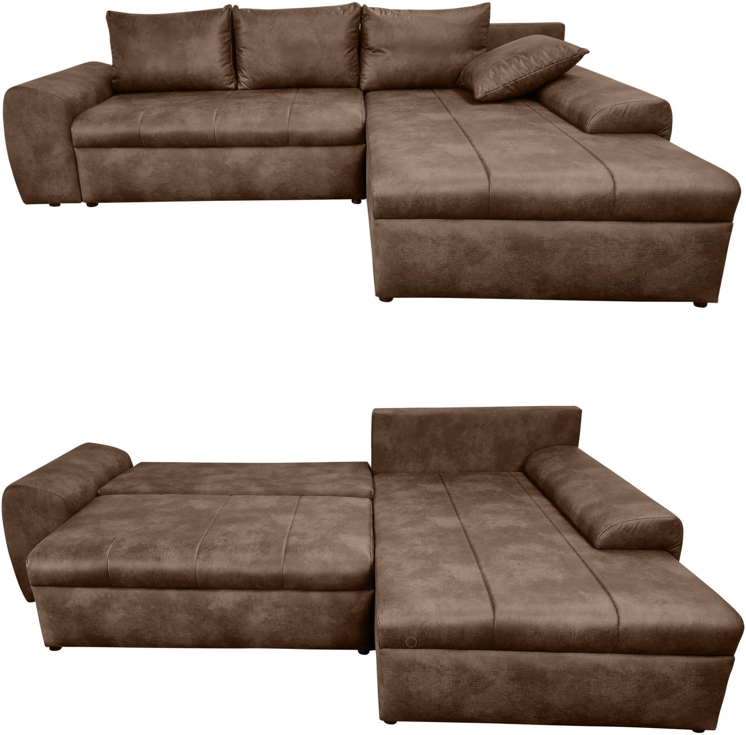 Ecksofa Vintage Schlafsofa Eckcouch L-Sofa mit Ottomane und Bettkasten in Braun Bild 1