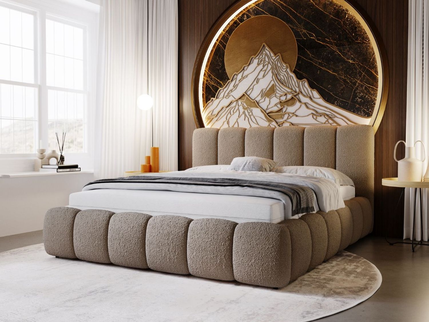 GRAINGOLD Cloud Bett 160x200, Polsterbett mit Bettkasten, Bouclé-Stoff, mit Kopfteil, Braun Bild 1