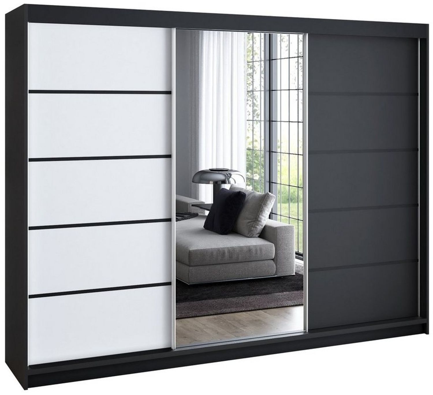 A&J MöbelLand GmbH Schwebetürenschrank VILUNO mit 4 Schubladen und Spiegel (Kostenlose Lieferung – nur für kurze Zeit! TOP ANGEBOT! Geräumiger Schrank mit einer Breite von 200 cm und Spiegel, ideal zur Aufbewahrung von Kleidung und Accessoires. 4 Schub... Bild 1
