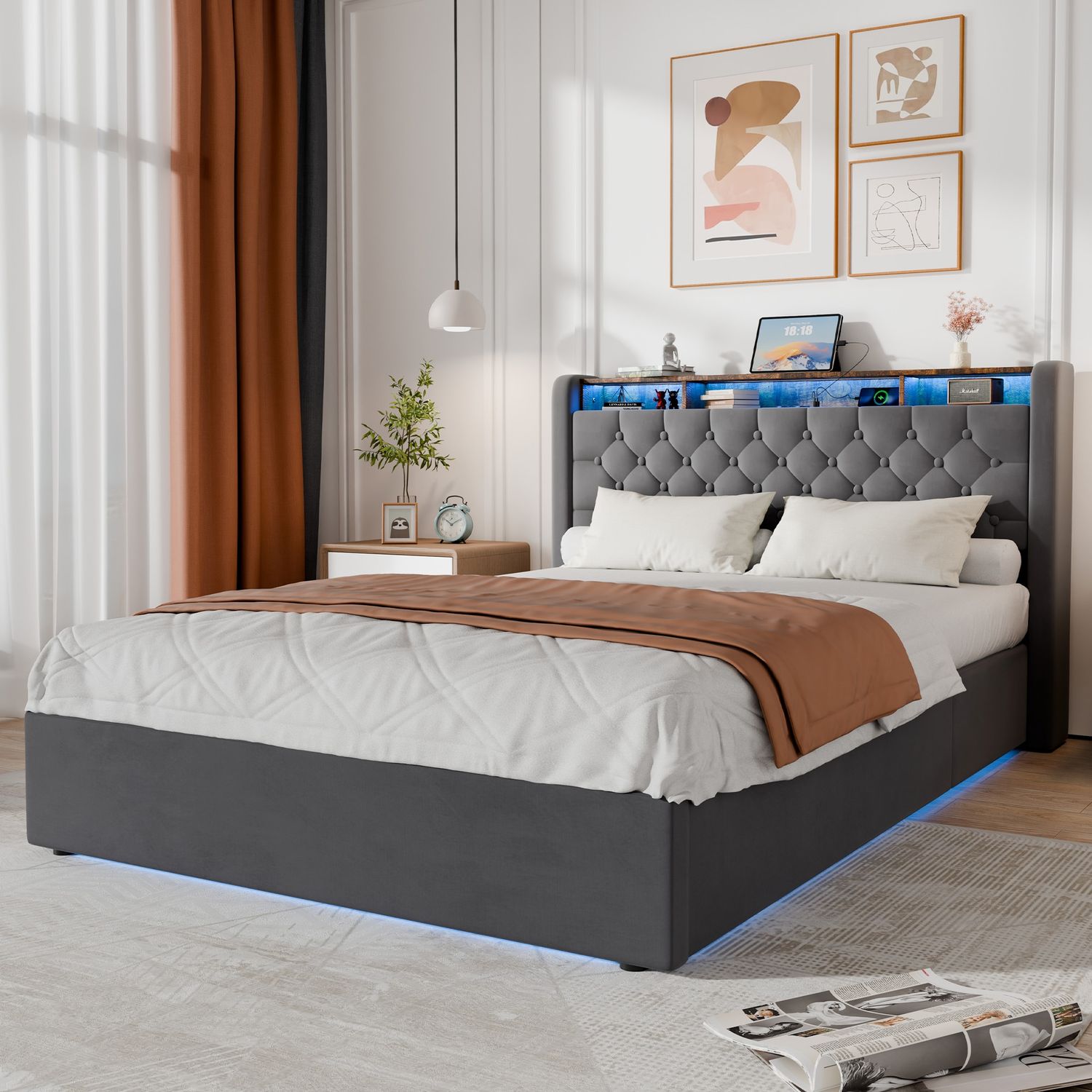 Polsterbett aus Holland-Velours mit LED, USB-C & hydraulischem Stauraum, ohne Matratze, 140x200 cm, Grau Bild 1