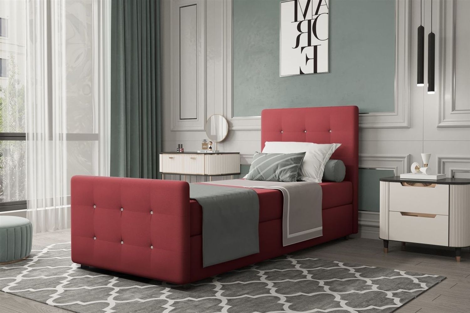 Boxspringbett Gästebett MARKOS 90x200cm Bettkasten Seite Rechts Stoff Rot Bild 1