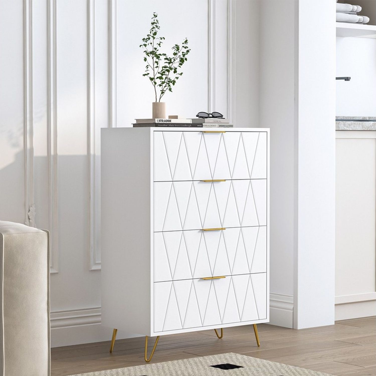SEEZSSA Nachttisch Nachtschrank mit Schubladen,Nachtkommode, Nachtkonsole (Moderner Sofatisch Beistelltisch mit Metallfüße, Metallgriffe), Moderner Anrichte Breite 60cm,4 Schubladen,Weiß Bild 1