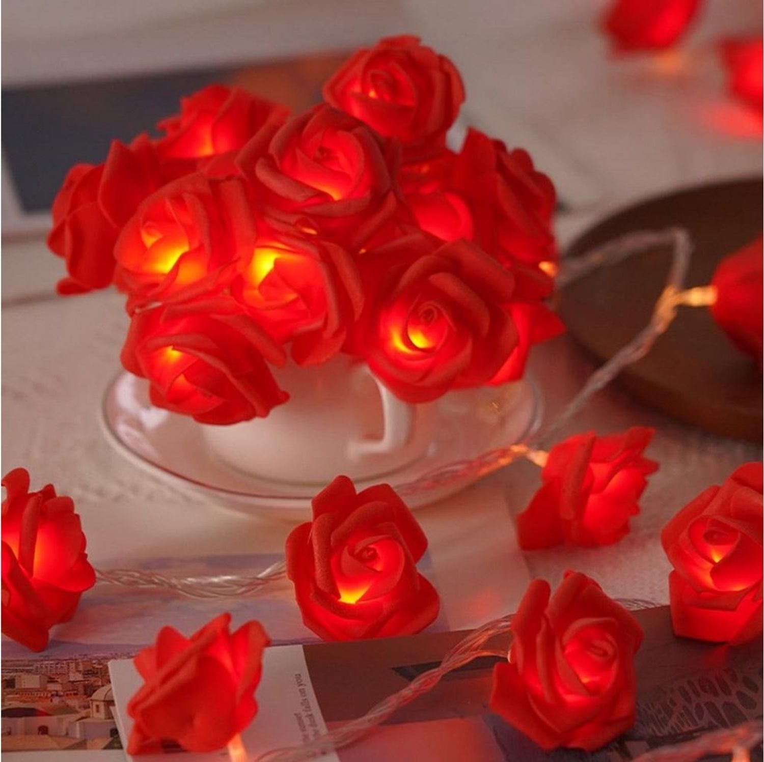 MUPOO LED-Lichterkette LED Nachtlicht 3M 20LEDs Girlande,Kunstblume Rose Warmweiß,Batterie, für Party Weihnachten,Blumengirlande Rose,LED Dekolicht Bild 1