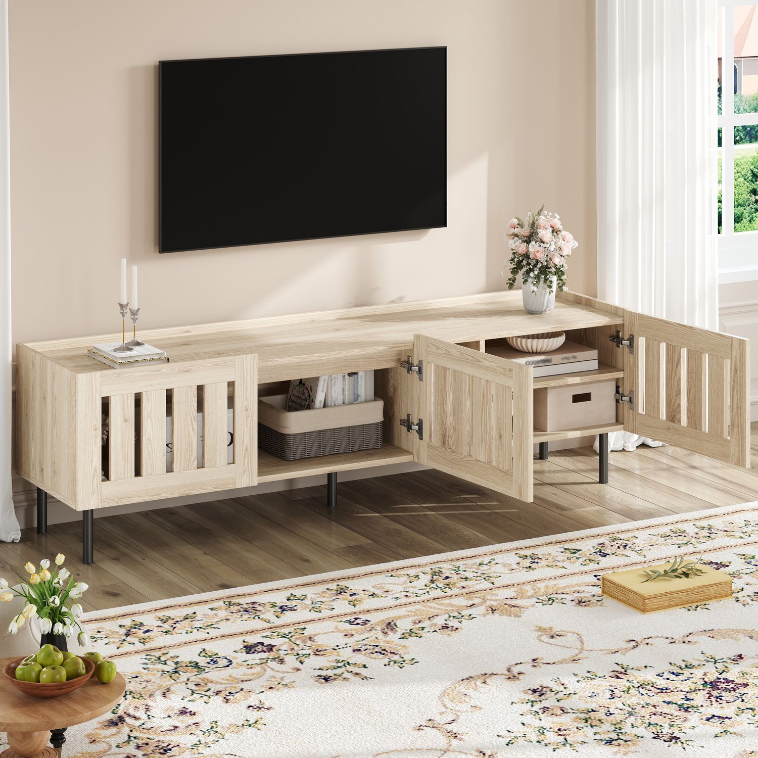 TV-Schrank 160 x 40 x 47 cm in Naturholzoptik, MDF Lowboard mit 3 Lamellentüren Bild 1