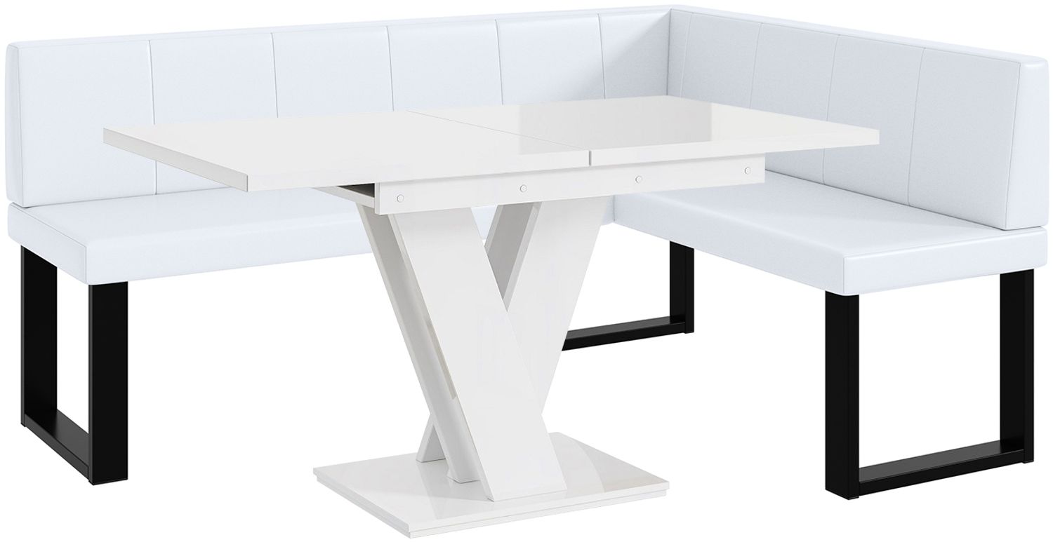 MEBLINI Eckbank für Esszimmer mit ausziehbarem Tisch - Küchenbank - Essecke - Sitzecke Küche - PETER - U-Beine 128x168x87cm Rechts - Weiß Kunstleder/M Weiß Hochgl. Bild 1