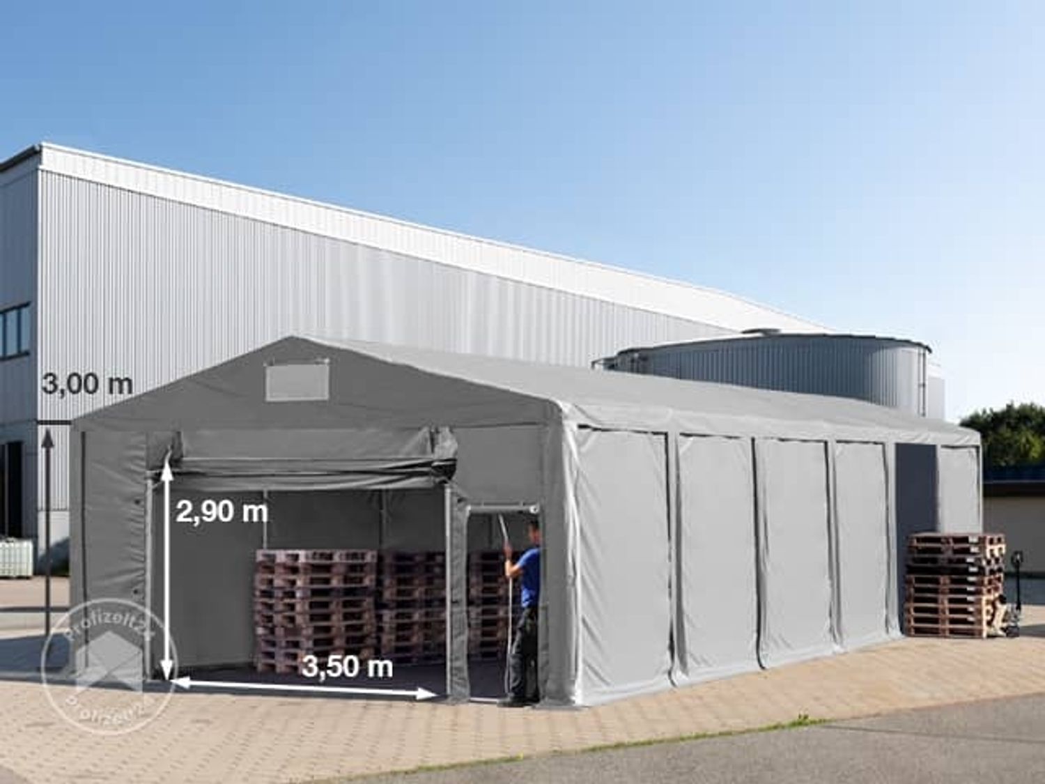 Lagerzelt 8x12 m Zelthalle Industriezelt mit 3m Seitenhöhe PVC Plane 850 N grau 100% wasserdicht Ganzjahreszelt mit Hochziehtor Bild 1