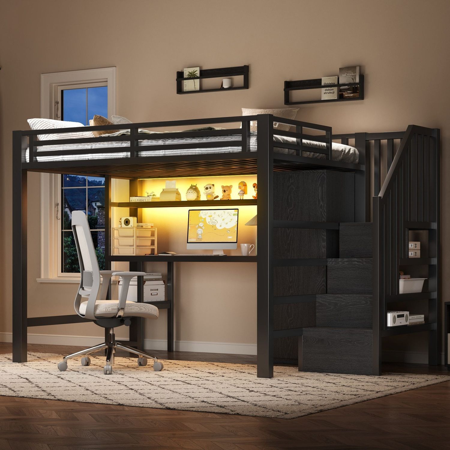 Hochbett mit RGB LED-Streifen, Schreibtisch, Treppe, Regal, Lattenrost und Kleiderschrank, 140x200 cm, Kinderbett mit Rausfallschutz, Metallbett Bild 1
