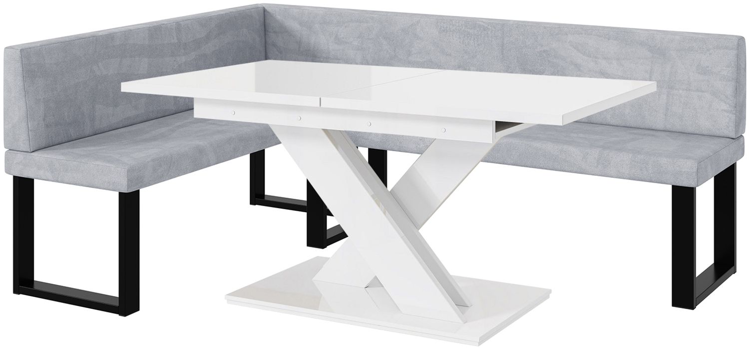 MEBLINI Eckbank für Esszimmer mit ausziehbarem Tisch - Küchenbank - Essecke - Sitzecke Küche - TONI - U-Beine 142x196x87cm Links - Hellgrau Samt/B Weiß Hochgl. Bild 1