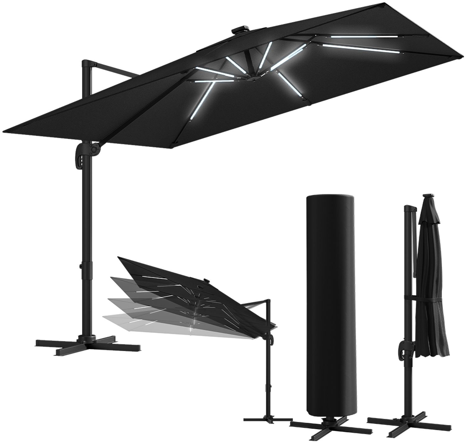 STEELSØN 'Lyrion' Sonnenschirm LED Solar 300x300 cm quadratisch, neigbar und 360-Grad drehbar, schwarz, Ampelschirm inkl. Abdeckung, UV50+ Bild 1