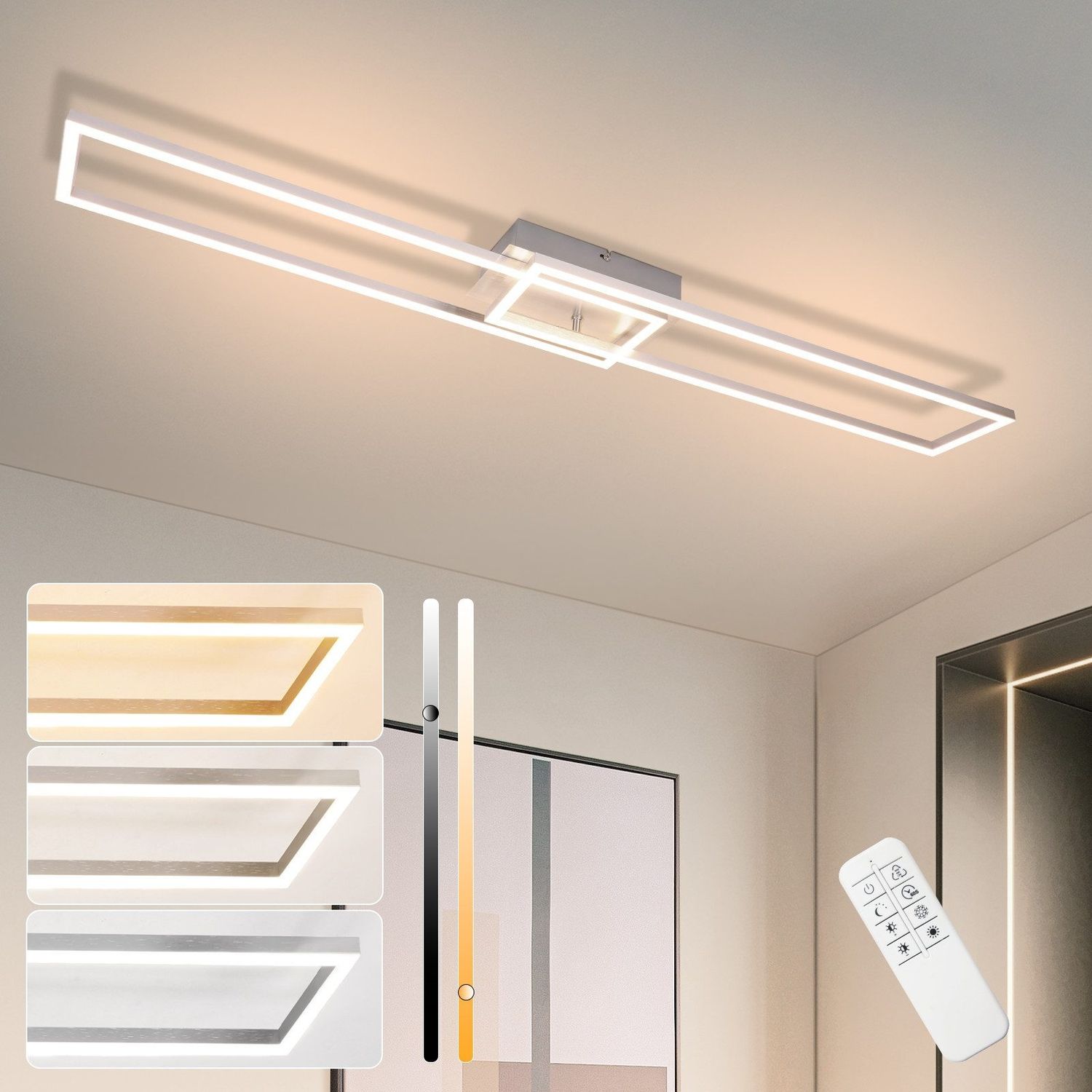 ZMH Deckenleuchte LED Deckenlampe Schlafzimmer - 2 Rahmen Schlafzimmerlampe 102CM Modern Dimmbar mit Fernbedienung Silber Deckenbeleuchtung 36W Rechteckig Design für Wohnzimmer Flur Küche Bild 1