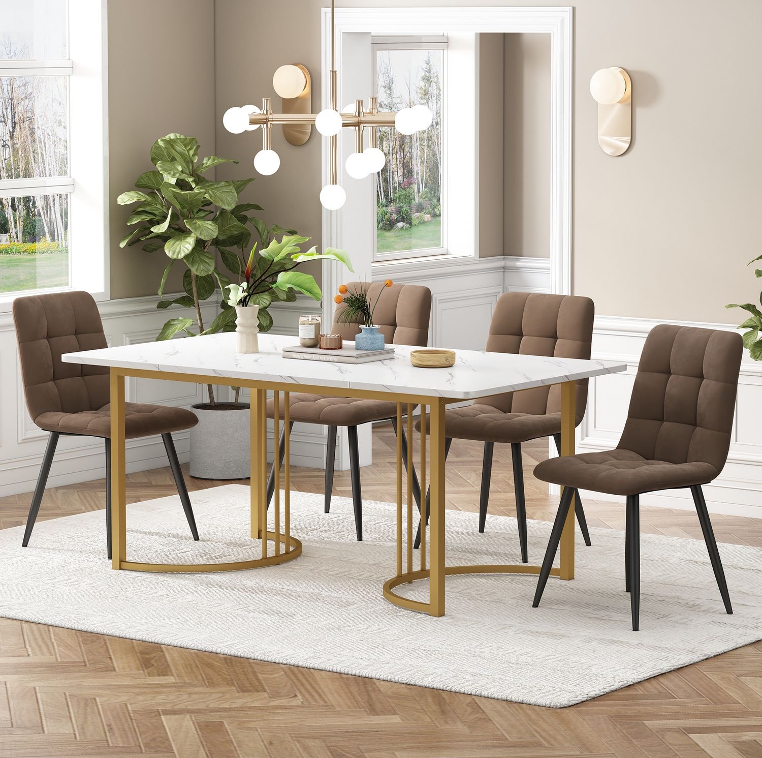 Esstischgruppe H 75 x T 80 x B 140 cm, MDF-Tisch in Marmor-Optik mit 4 Samtstühlen Bild 1