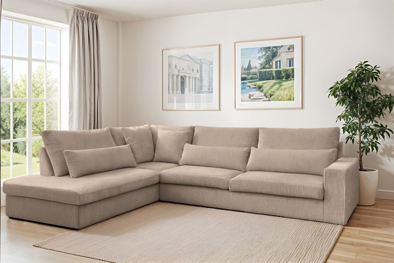 Ecksofa Designersofa THORA in Stoff Poso Beige Ottomane Links Bild 1