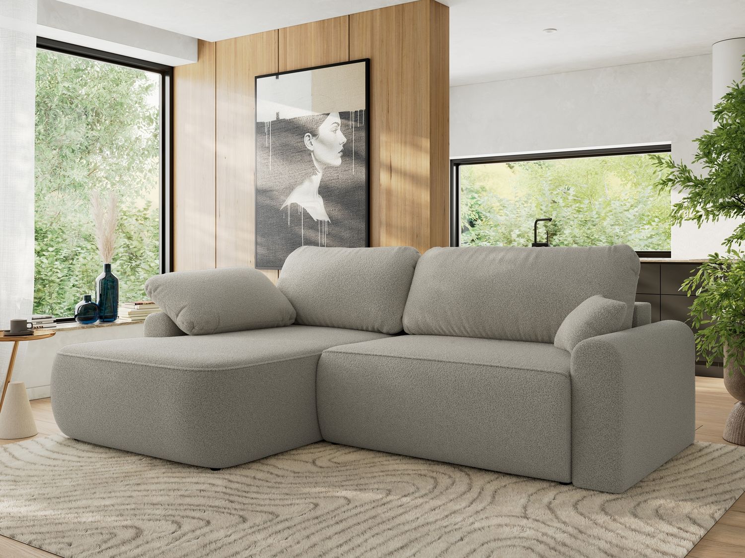 Ecksofa, L-förmiges, lose Kissen, DL-Schlaffunktion, (H 100 x T 187 x B 273 cm) - CUBO L - Boucle Hellgrau - linke Seite Bild 1