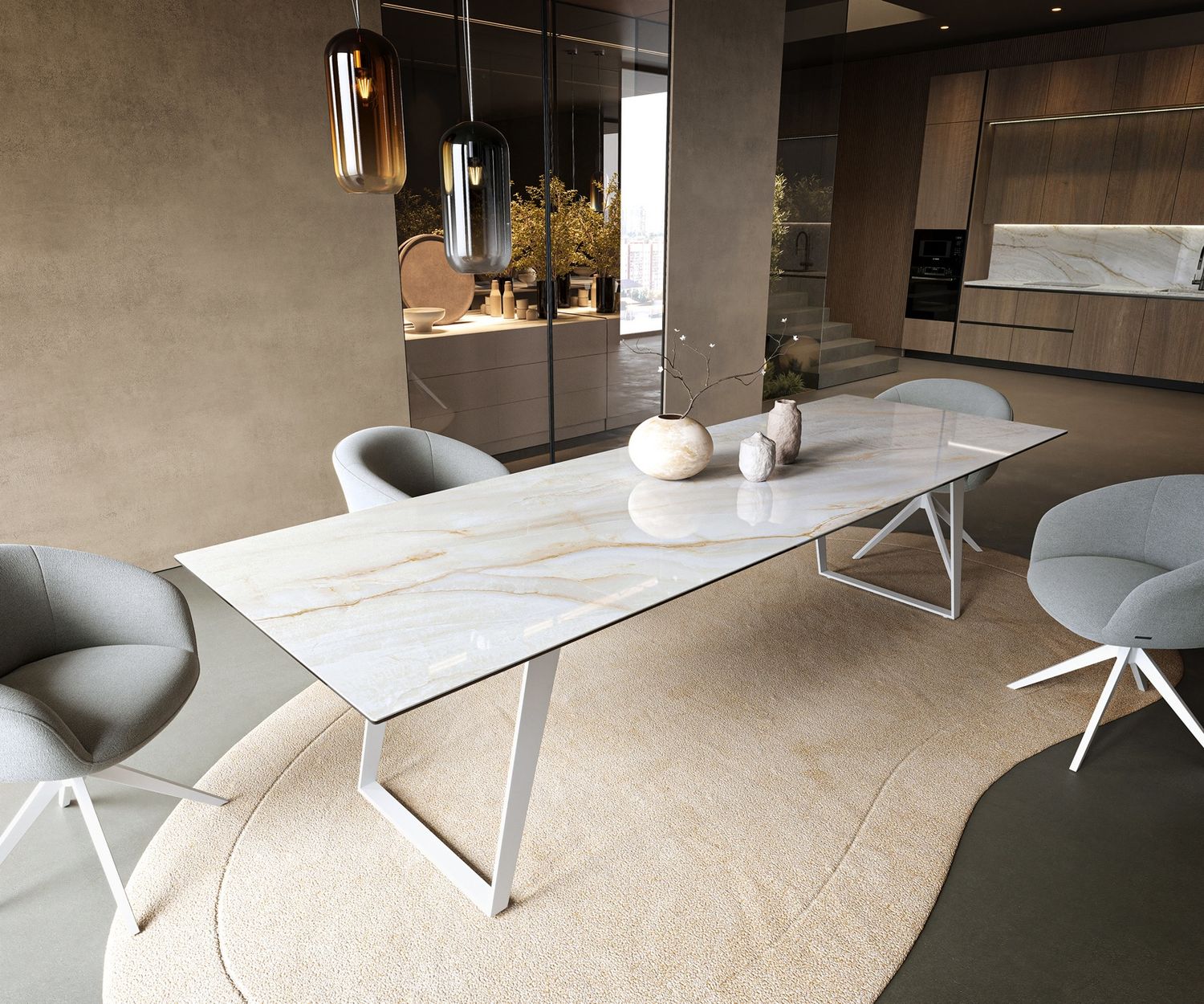 Esstisch Edge 300x100 cm Keramik Onyx Pearl Metall Schräg Weiß Bild 1