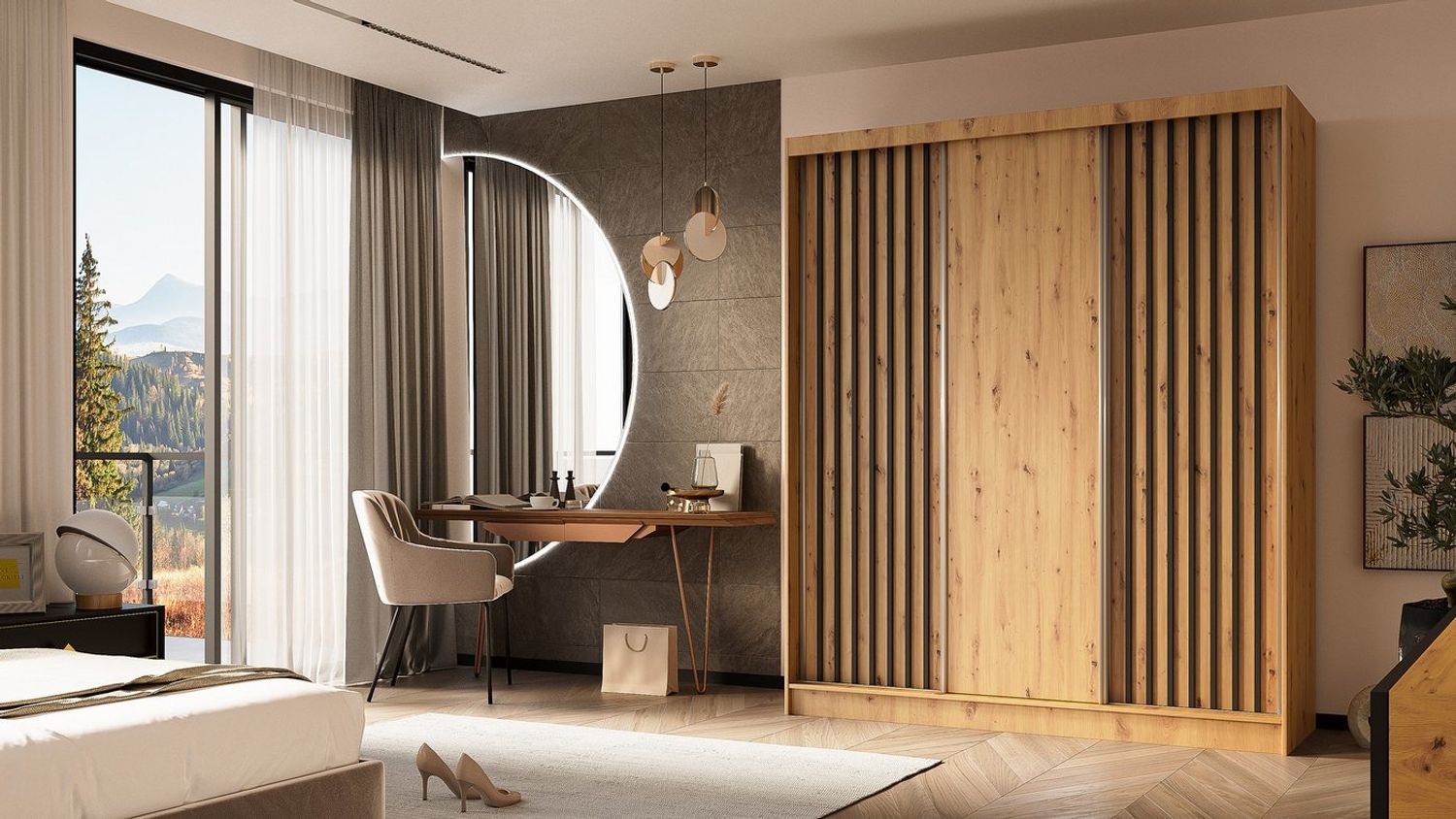 ALTDECOR Schiebetürenschrank LABELLO (Kleiderschrank Garderobenschrank mit viel Stauraum Moderner Schrank) Vielseitiger Schwebetürenschrank Lamellen LED Beleuchtung Bild 1