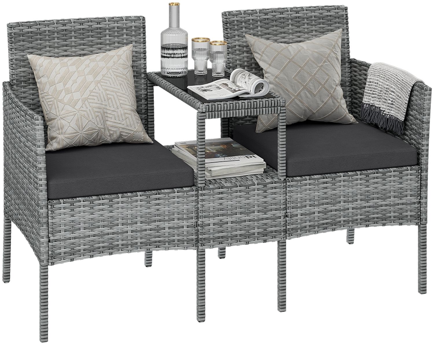 STEELSØN 'Velara' Polyrattan Gartenbank 2er-Sitzer mit Tisch, grau-meliert/anthrazit, 81x65x135 cm, wetterfest und UV-beständig, stabile Sitzbank Bild 1
