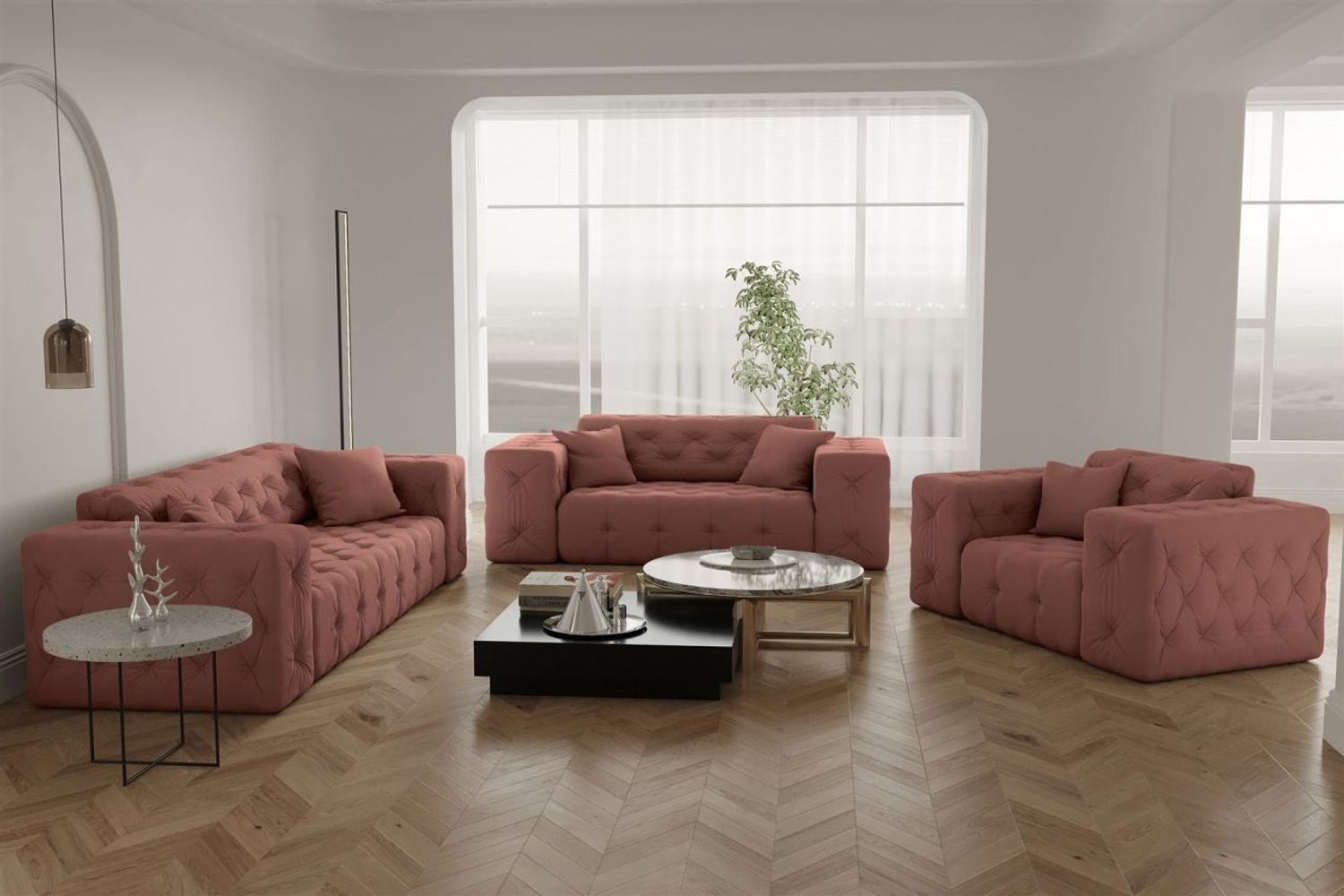 Sofaset Designersofa CHANTAL 3-2-1 in Stoff Opera Velvet Koralle Bild 1