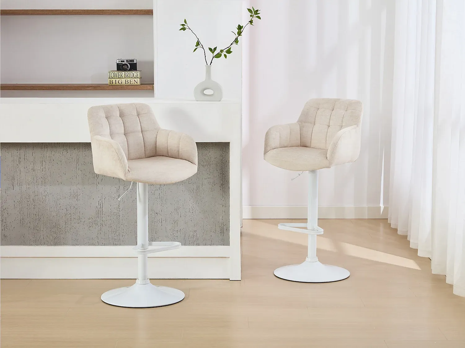 Vente-unique - PEGA Barhocker Samt BeigeWeiß - B 49 cm x H 113 cm93 cm x L 50 cm Bild 1