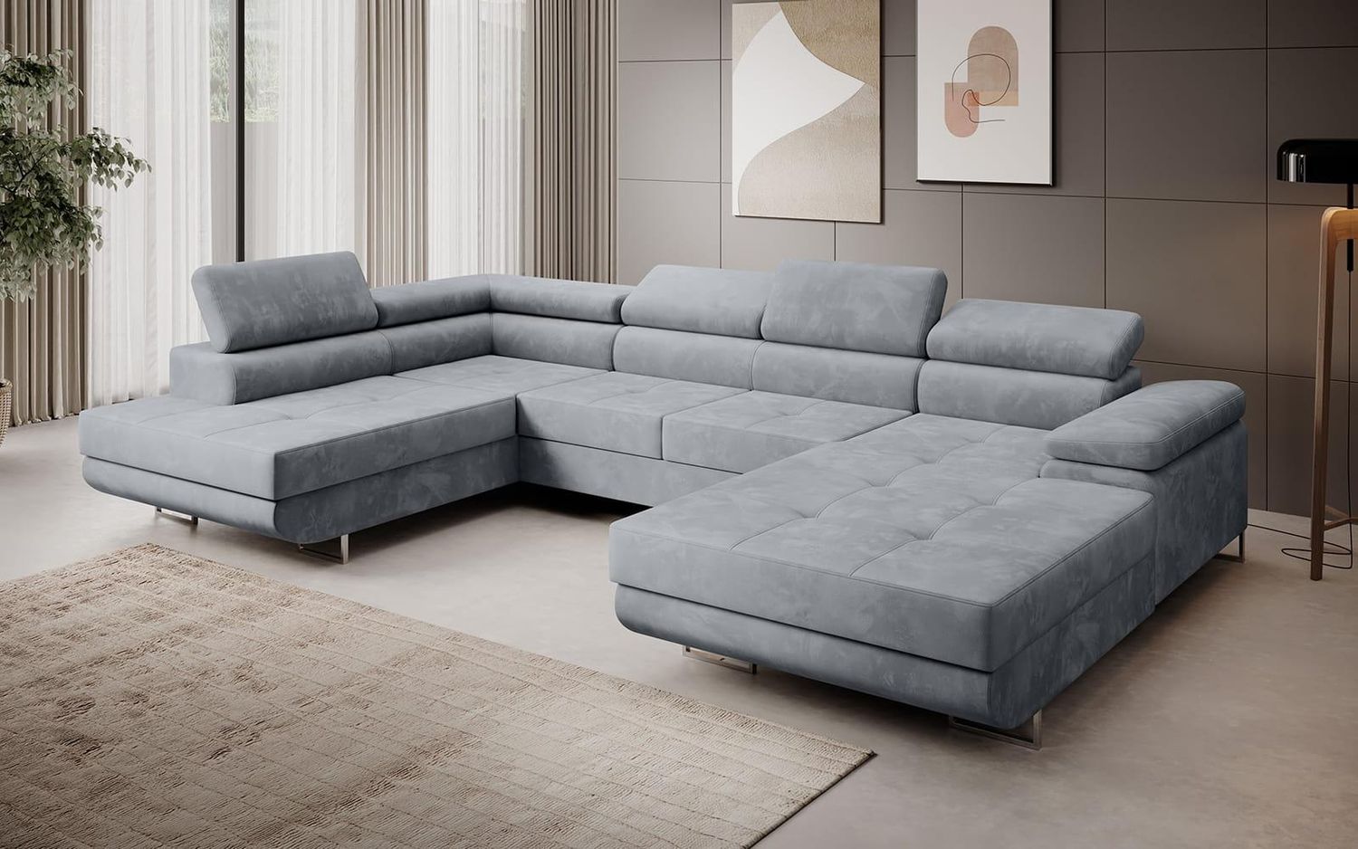 Sofa FERRO, moderne Couch mit verstellbaren Kopfstützen, ausziehbare Polstercouch, Sofa mit Schlaffunktion, zwei Bettkästen, U- Form - Monolith 84, 72 x 201 x 335 cm Bild 1