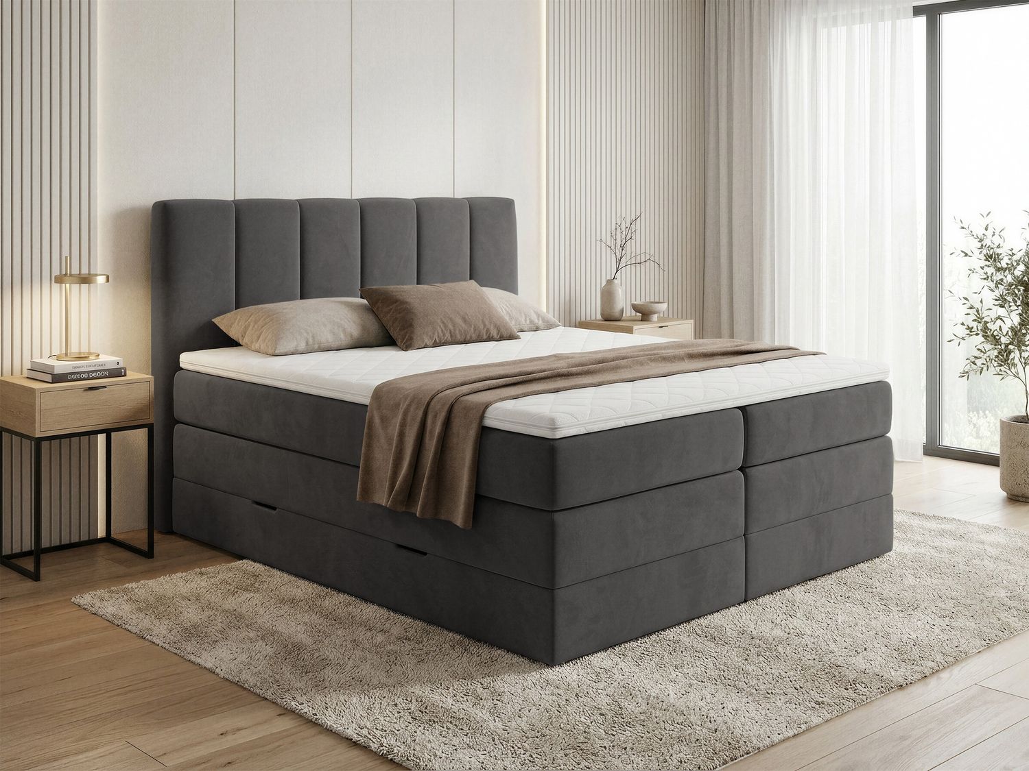 Boxspringbett Star XL mit 2 Bettkästen und Topper, mit Taschenfederkern- und Bonellfederkernmatratze, Doppelbett, Polsterbett aus Veloursstoff mit Stauraum (Graphit (Kronos 22), 160 x 200 cm) Bild 1
