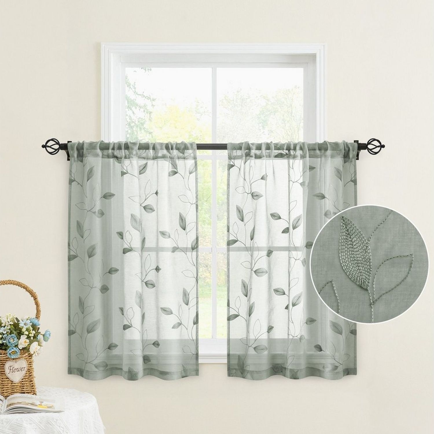 BYSURE Gardine Voile Scheibengardinen modern Wohnzimmer Bistrogardine für Küche, Bad (2 St), Stangendurchzug, transparent, Küchenvorhänge, besticktes Blattmuster, Vorhänge für kleine Fenster Bild 1