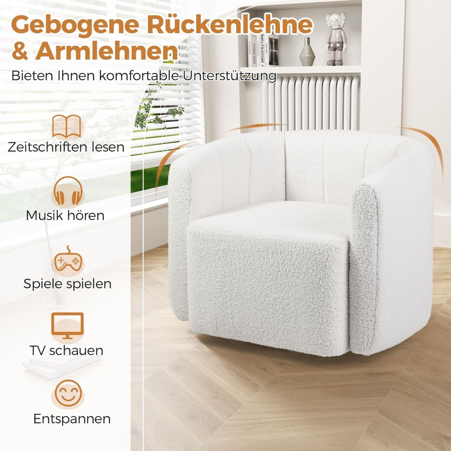 Relaxsessel Drehsessel mit breiter Sitzfläche & 360° drehbarem Metallfuß 83 x 70 x 65 cm Weiß Bild 1