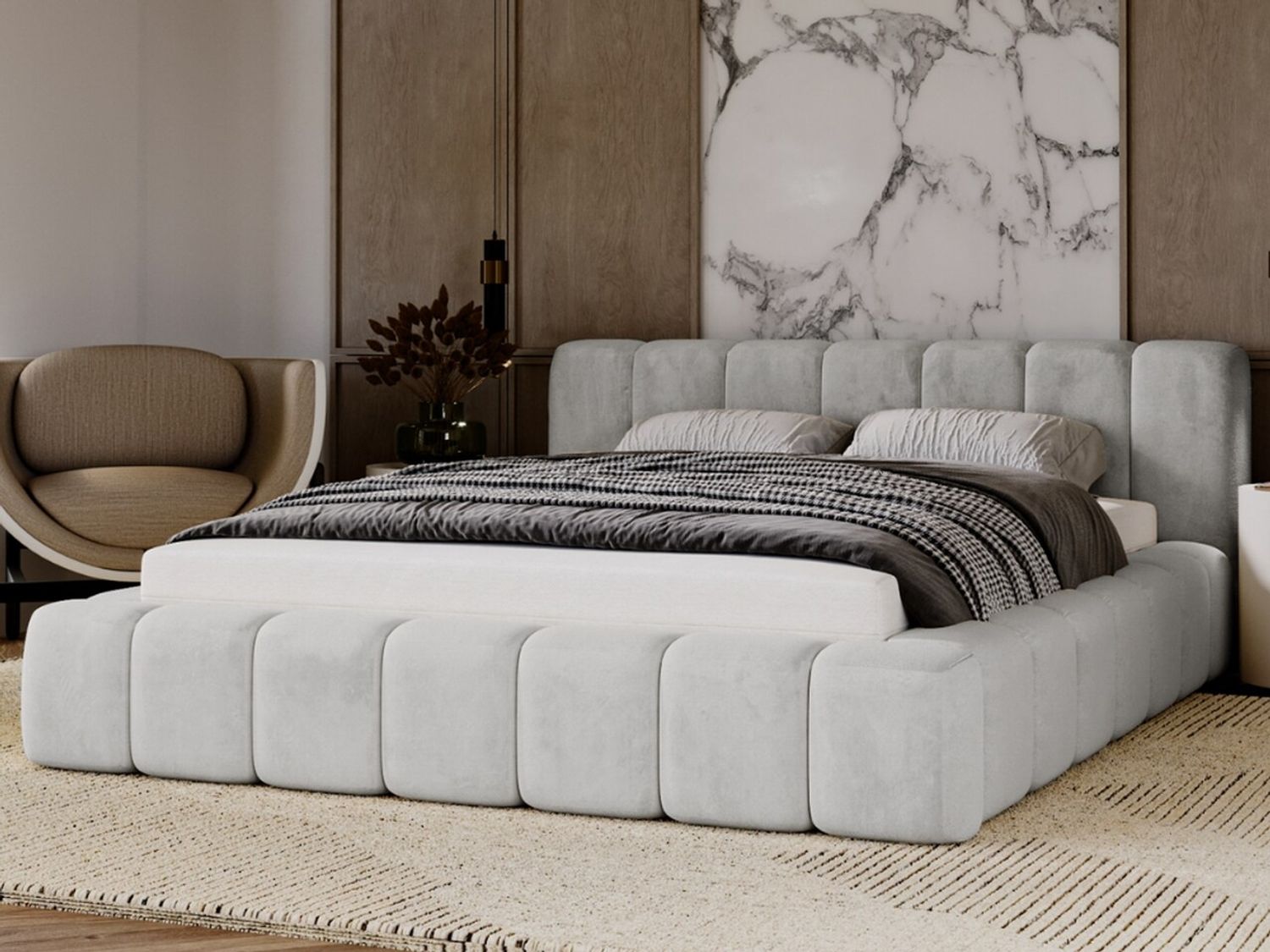 GRAINGOLD Ibiza Polsterbett 160x200, mit Bettkasten, Kopfteil und Lattenrost, Velour-Stoff, Hellgrau Bild 1