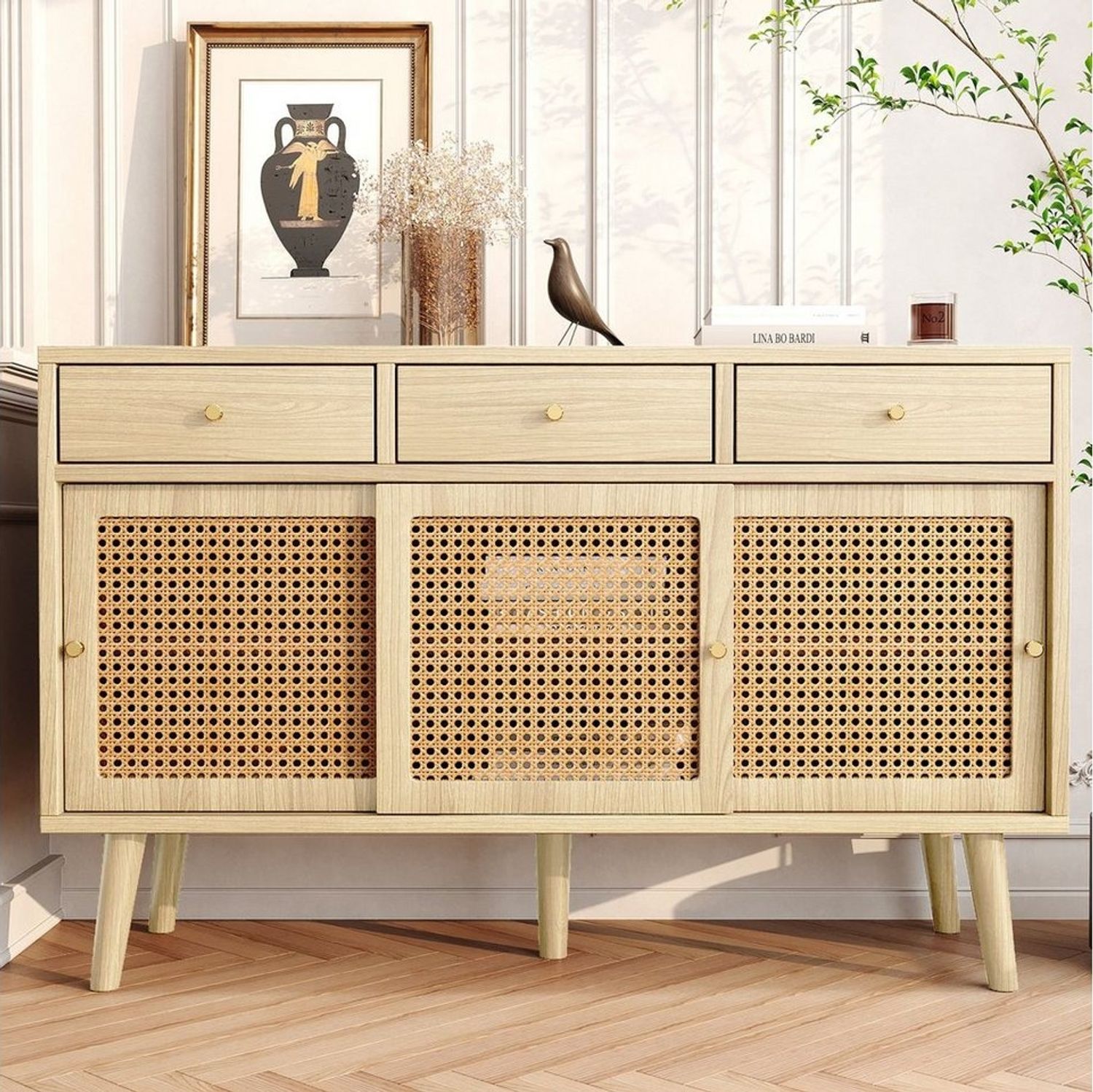 Flieks Sideboard (1 St), Kommode mit 3 Schubladen und 3 Schiebetüren Rattangeflecht 120 x 40 x 78 cm Bild 1