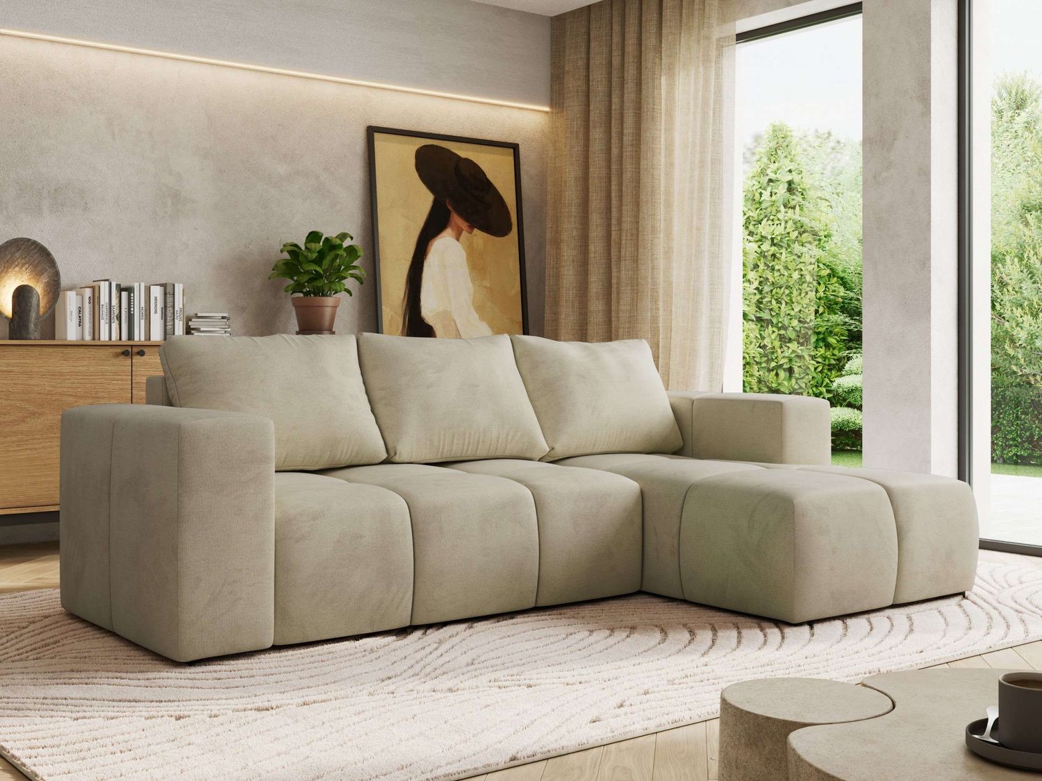 Ecksofa mit Schlaffunktion und Bettkasten, L-form Couch, lose Kissen, Polstersofa - MONIVA - Beige Velours - rechte Seite Bild 1