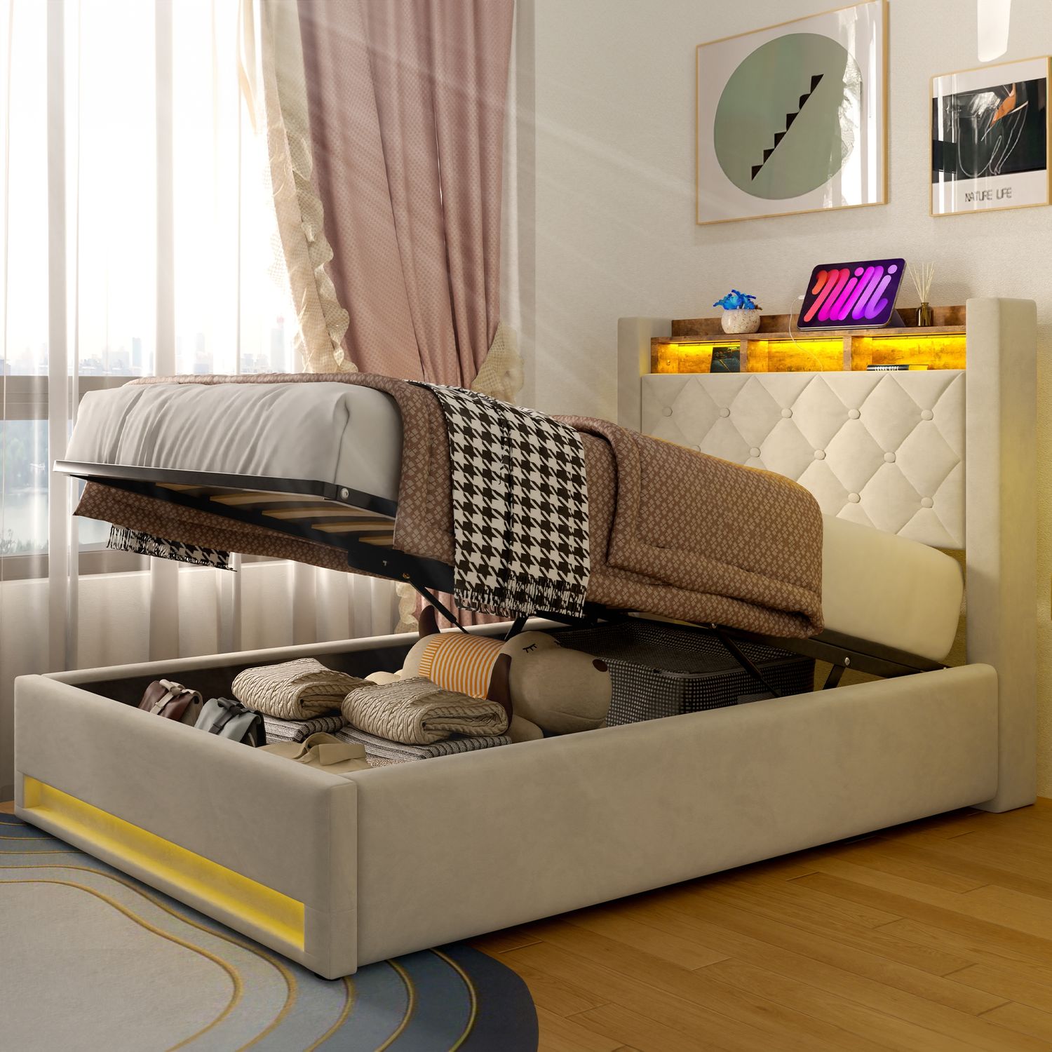 Polsterbett 90×200 cm mit ergonomischem Kopfteil und Lattenrost, Beige Bild 1